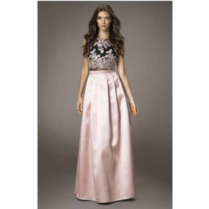 Betsy and Adam Long Lace Popover Satin Gown